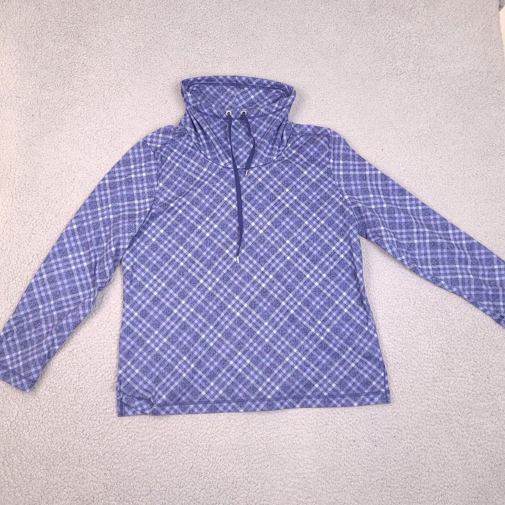 Karen Scott Sweatshirt Womens Large Blue Plaid Cowl Neck Drawstring Long Sleeve